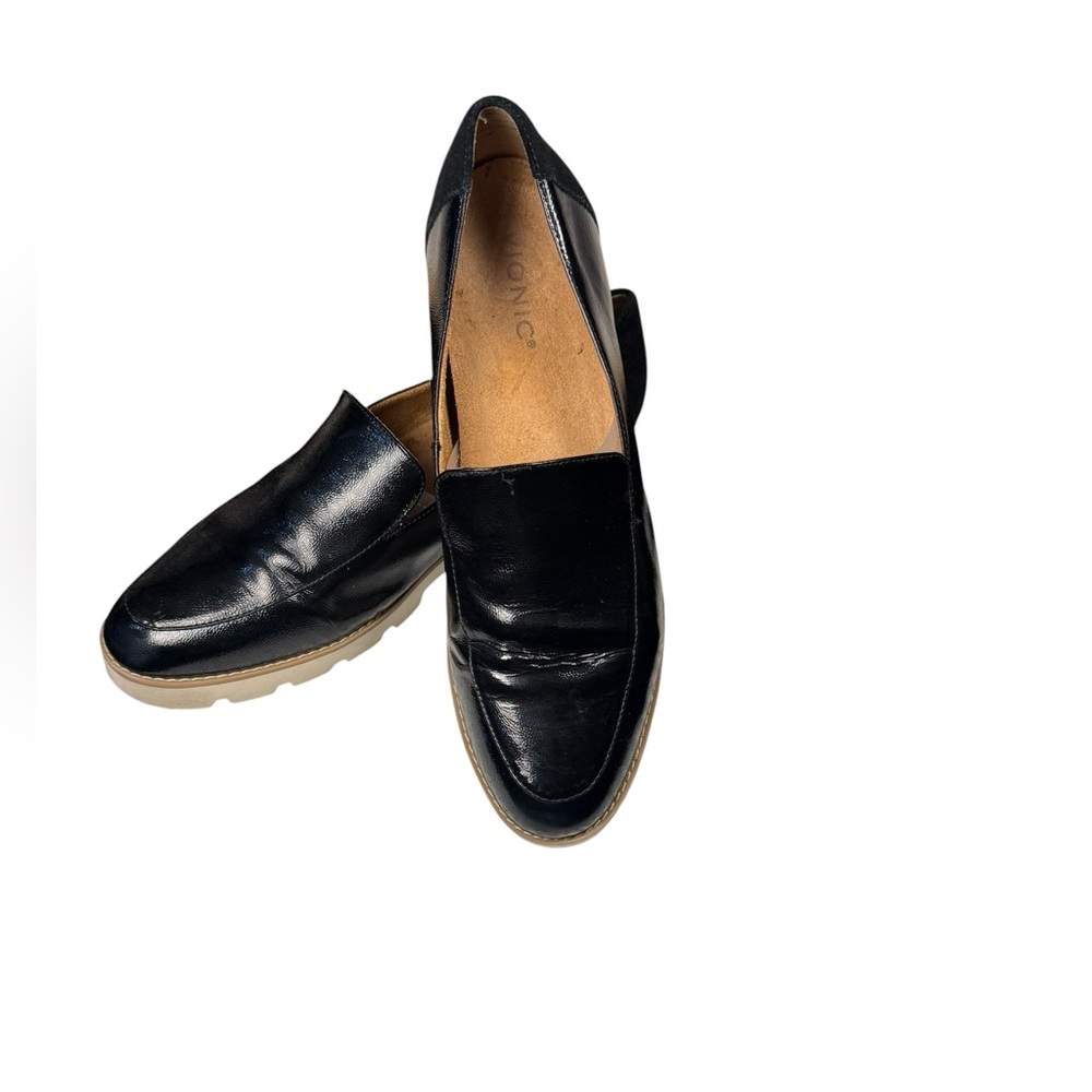Vionic Black Leather Slip-On Loafers with Tan Soles - Picture 2 of 13